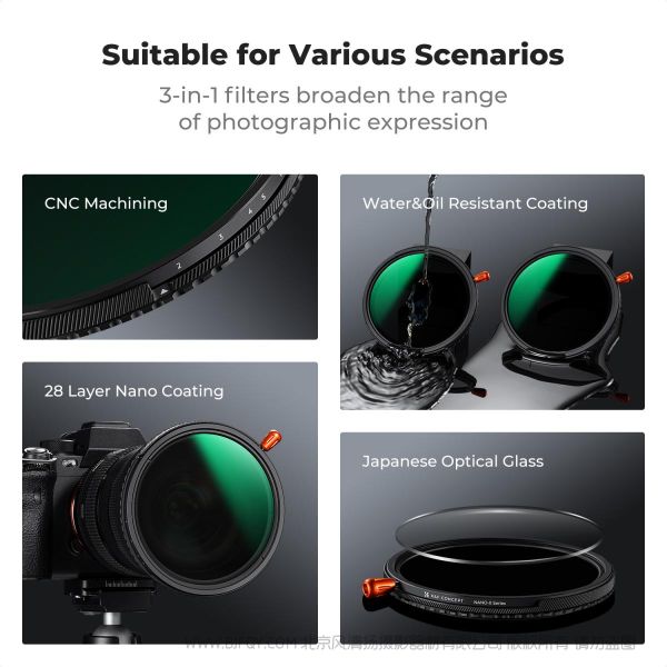 K&F Concept  卓尔 ND2-32&CPL&黑柔1/4 三合一滤镜 28层镀膜   Variable ND2-32 (1-5 Stops) & Circular Polarizing Filter CPL & Black Mist 1/4 